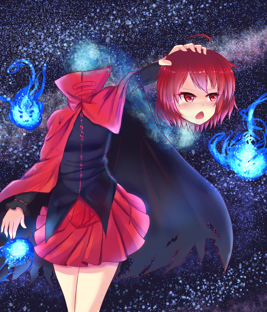 ahoge blouse blush cape chestnut_mouth commentary disembodied_head edison female head_hold highres hitodama light_trail long_sleeves looking_away miniskirt pleated_skirt red_eyes red_hair red_skirt sekibanki shirt short_hair skirt sky solo star_(sky) starry_sky touhou