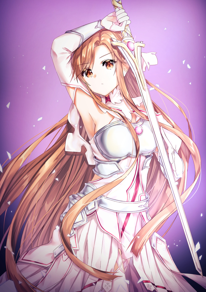 absurdres arm_up armor armored_dress armpit_crease armpits asuna_(sao) asuna_(stacia)_(sao) breastplate breasts brown_eyes brown_hair closed_mouth commentary crystal curtained_hair detached_sleeves dot_nose dress eyes_visible_through_hair fantasy female floating_hair furrowed_brow gloves hair_between_eyes half_gloves hand_on_weapon hand_up highres holding holding_sword holding_weapon kuro_(rudyan0128) large_breasts long_hair long_sleeves looking_at_viewer parted_hair purple_background side_slit solo standing sword sword_art_online sword_art_online:_alicization thighhighs very_long_hair weapon white_dress white_gloves white_thighhighs