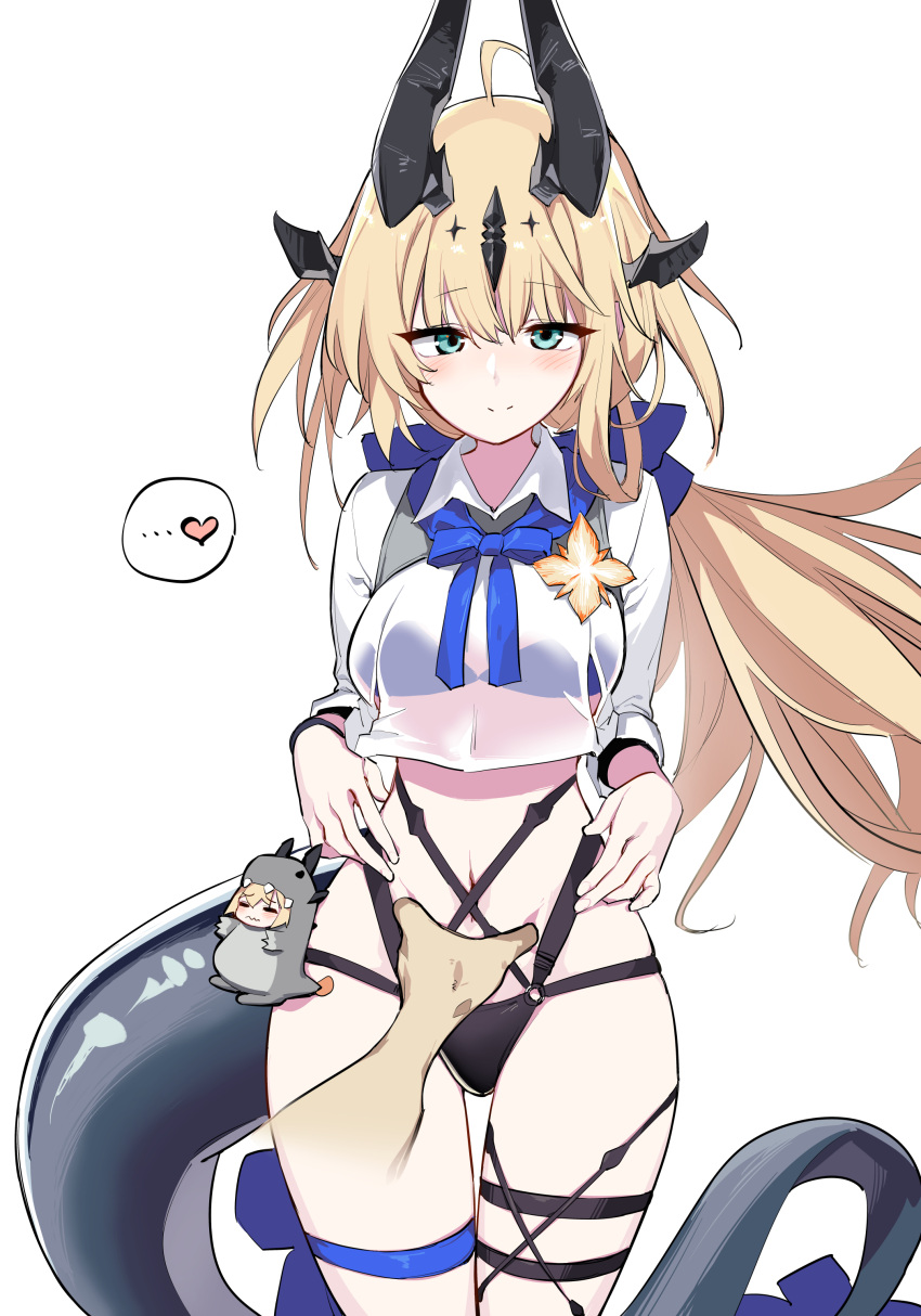 1other absurdres arknights bikini black_bikini black_horns blonde_hair blue_bow blue_bowtie bow bowtie collared_shirt cowboy_shot cropped_shirt disembodied_hand dragon_girl dragon_horns dragon_tail female grabbing_another's_stomach green_eyes heart highres horns kinbakuman long_hair looking_at_viewer navel o-ring o-ring_bikini official_alternate_costume reed_(arknights) reed_the_flame_shadow_(arknights) reed_the_flame_shadow_(summer_flowers)_(arknights) see-through see-through_shirt shirt simple_background smile solo_focus spoken_heart swimsuit tail thigh_gap white_background white_shirt