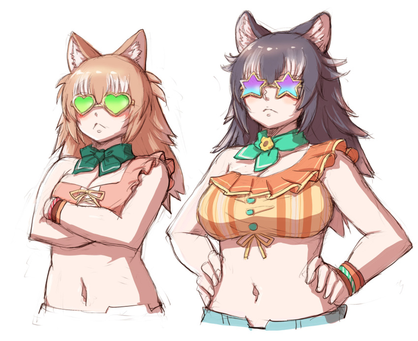 2girls :< animal_ears bare_shoulders bikini bracelet crossed_arms frilled_bikini frills green_scarf grey_hair grey_wolf_(kemono_friends) hair_between_eyes hands_on_own_hips heart heart-shaped_eyewear highres japanese_wolf_(kemono_friends) jewelry kemono_friends kemono_friends_3 kosai_takayuki light_brown_hair long_hair midriff multicolored_hair multiple_girls navel official_alternate_costume orange_bikini scarf shirt sidelocks single-shoulder_shirt sleeveless star-shaped_eyewear star_(symbol) sunglasses swimsuit white_hair wolf_ears wolf_girl