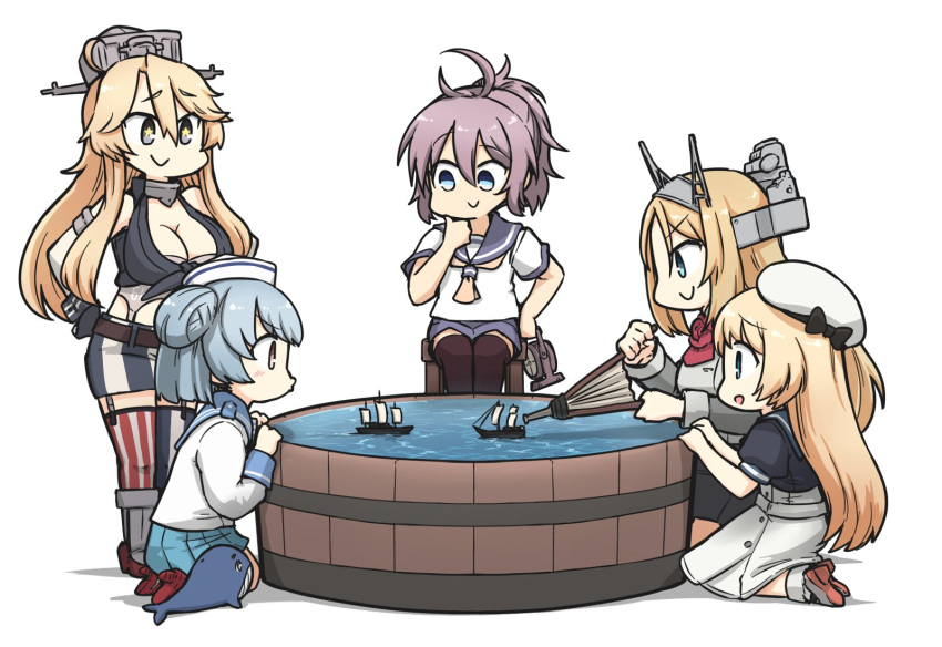 5girls animal aoba_(kancolle) black_thighhighs blonde_hair blue_eyes blue_sailor_collar breasts cleavage commentary_request commission dixie_cup_hat dress fine_art_parody front-tie_top hair_between_eyes hamu_koutarou hat headgear highres iowa_(kancolle) jervis_(kancolle) kantai_collection little_blue_whale_(kancolle) long_hair long_sleeves military_hat model_ship multiple_girls neckerchief nelson_(kancolle) open_mouth parody pleated_skirt puckered_lips purple_hair rudder_footwear sailor_collar sailor_dress samuel_b._roberts_(kancolle) school_uniform searchlight serafuku short_sleeves shorts simple_background sitting skeb_commission skirt smile standing star-shaped_pupils star_(symbol) symbol-shaped_pupils thighhighs water whale white_background white_hat