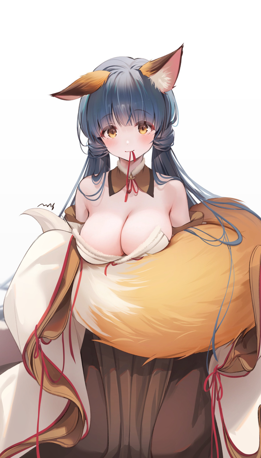 absurdres animal_ears bare_shoulders blush breasts brown_hakama cleavage commentary female fox_ears fox_tail hakama highres idolmaster idolmaster_million_live! japanese_clothes kemonomimi_mode kimono kitakami_reika large_breasts long_hair looking_at_viewer nys signature simple_background sleeves_past_fingers sleeves_past_wrists smile solo tail twintails very_long_hair white_background white_kimono wide_sleeves