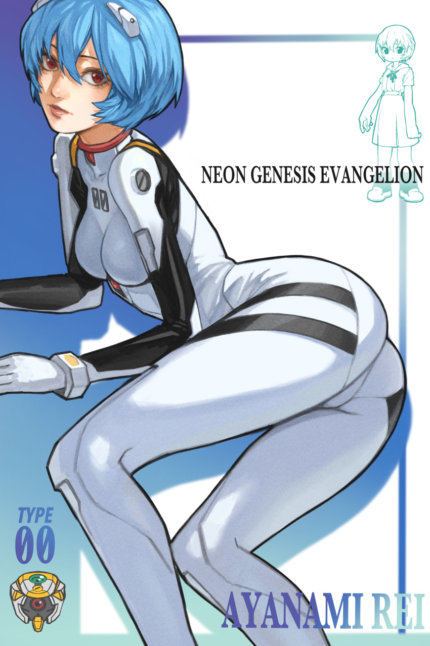 absurdres ass ayanami_rei blue_hair breasts cameltoe chibi eva_00 expressionless highres interface_headset looking_at_viewer lying neon_genesis_evangelion o10ki plugsuit red_eyes short_hair