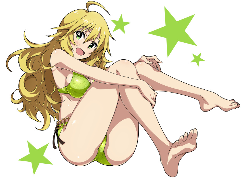 absurdres ahoge armpits ass bare_legs barefoot belt bikini blonde_hair breasts feet female green_eyes highres hoshii_miki idolmaster idolmaster_(classic) idolmaster_1 idolmaster_2 large_breasts long_hair looking_at_viewer o-ring o-ring_belt open_mouth smile soles solo swimsuit toes tokiani wavy_hair