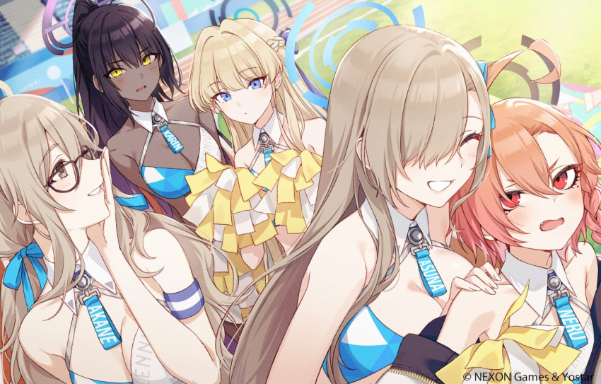 5girls ahoge akane_(blue_archive) alternate_costume armband asuna_(blue_archive) bikini bikini_top_only black_hair blonde_hair blue_archive blue_bikini blue_eyes blue_hair blue_halo blue_ribbon blush braid breasts brown_eyes brown_halo cheerleader cleaning_&_clearing_(blue_archive) cleavage closed_eyes commentary dark-skinned_female dark_skin detached_collar expressionless eyelashes hair_between_eyes hair_intakes hair_over_one_eye hair_ribbon half_up_braid halo hand_on_another's_shoulder hand_on_own_cheek hand_on_own_face high_ponytail holding holding_pom_poms karin_(blue_archive) large_breasts light_brown_hair long_hair looking_at_another medium_breasts mole mole_on_breast mole_under_eye multicolored_hair multiple_girls name_tag neru_(blue_archive) oerba_yun_fang official_art open_mouth orange_hair parted_lips pom_pom_(cheerleading) purple_halo red_eyes ribbon short_hair sidelocks single_braid small_breasts smile stadium straight_hair swimsuit toki_(blue_archive) tomari_(veryberry00) two-tone_bikini two-tone_hair upper_body watermark white_bikini yellow_eyes