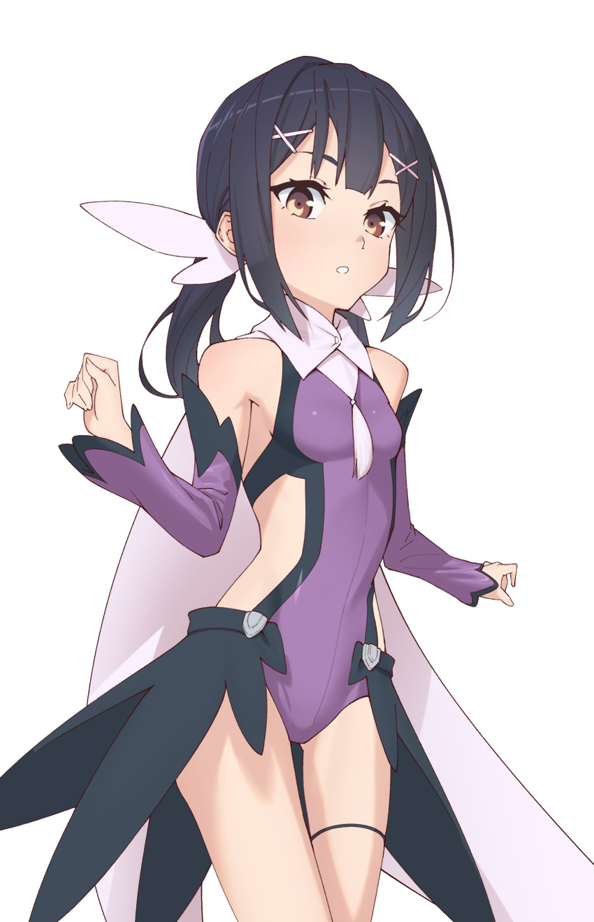 bad_id bad_pixiv_id bare_shoulders blunt_bangs breasts brown_hair cape fate/kaleid_liner_prisma_illya fate_(series) hair_ornament highres leotard looking_at_viewer low_ponytail miyu_edelfelt narrow_waist open_mouth outstretched_arms purple_leotard small_breasts spread_arms thigh_gap white_background yasutange yellow_eyes