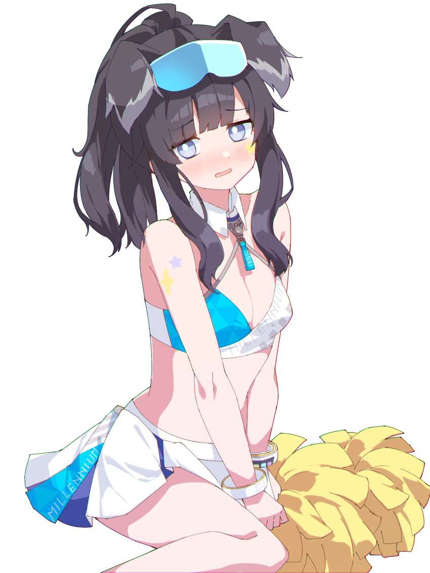 absurdres animal_ears arm_support black_hair blue_archive blunt_bangs blush breasts cheerleader chromatic_aberration commentary_request detached_collar dog_ears embarrassed feet_out_of_frame female floppy_ears goggles goggles_on_head hibiki_(blue_archive) hibiki_(cheer_squad)_(blue_archive) highres looking_at_viewer medium_breasts millennium_cheerleader_outfit_(blue_archive) miniskirt no_halo no_tail official_alternate_costume pom_pom_(cheerleading) ponytail purple_eyes ruru_(rurumagi) sidelocks simple_background sitting skirt solo star_sticker sticker_on_arm sticker_on_face white_background white_skirt wrist_cuffs