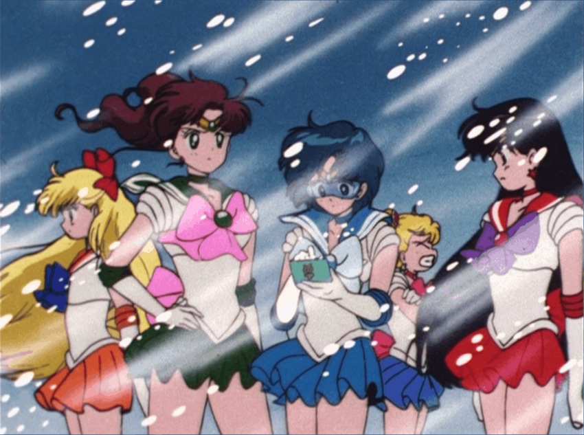 5girls ami_mizuno bishoujo_senshi_sailor_moon color colored makoto_kino minako_aino multiple_girls rei_hino sailor_jupiter sailor_mars sailor_mercury sailor_moon sailor_venus screencap screenshot shivering snow tagme unknown_artist usagi_tsukino