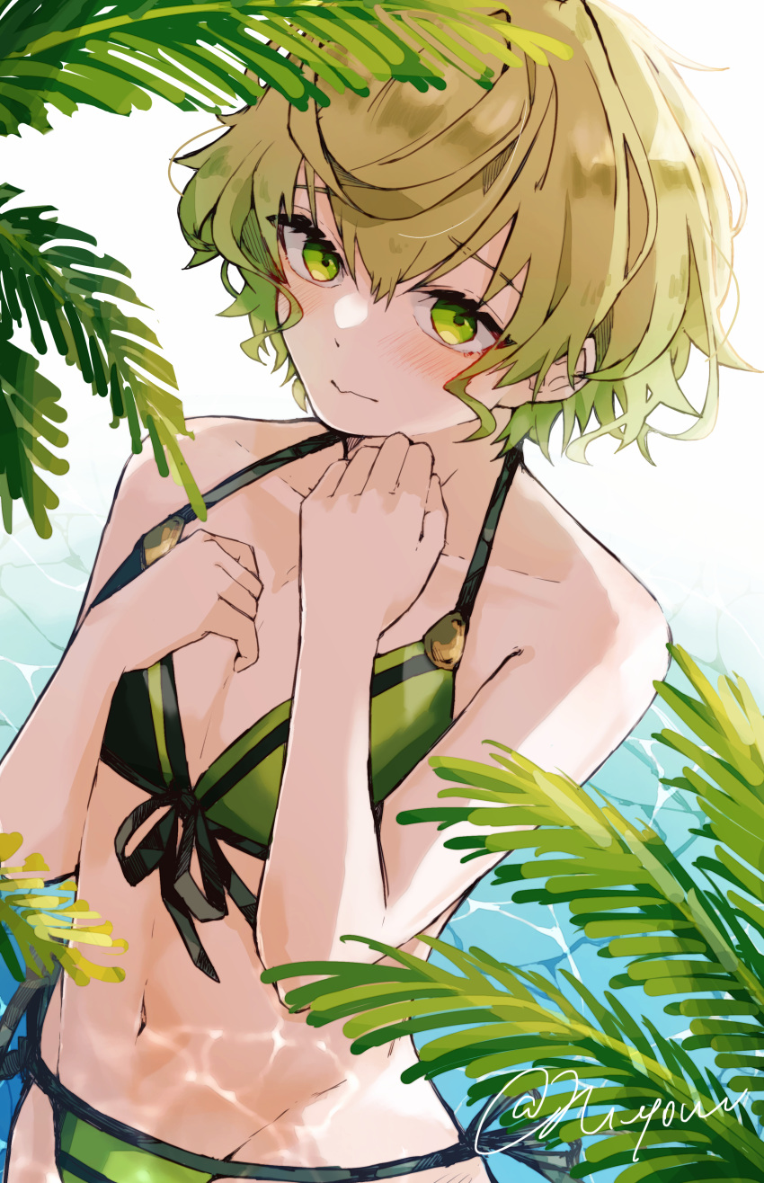 1boy absurdres bikini blonde_hair blush closed_mouth collarbone crossdressing gradient_hair green_bikini green_eyes green_hair highres jg_yoru leaf looking_at_viewer male_focus multicolored_hair navel otoko_no_ko pinocchio_(sinoalice) short_hair sinoalice solo swimsuit water