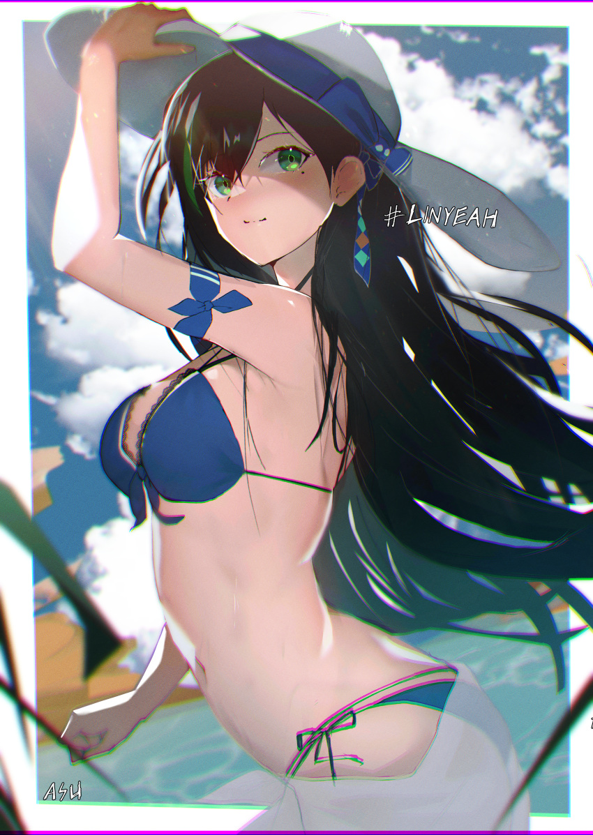 absurdres asu_azure bare_shoulders black_hair female green_eyes hand_up hat highres lin_(summer_shade)_(tower_of_fantasy) lin_(tower_of_fantasy) long_hair looking_at_viewer ocean smile solo solo_focus summer swimsuit tower_of_fantasy