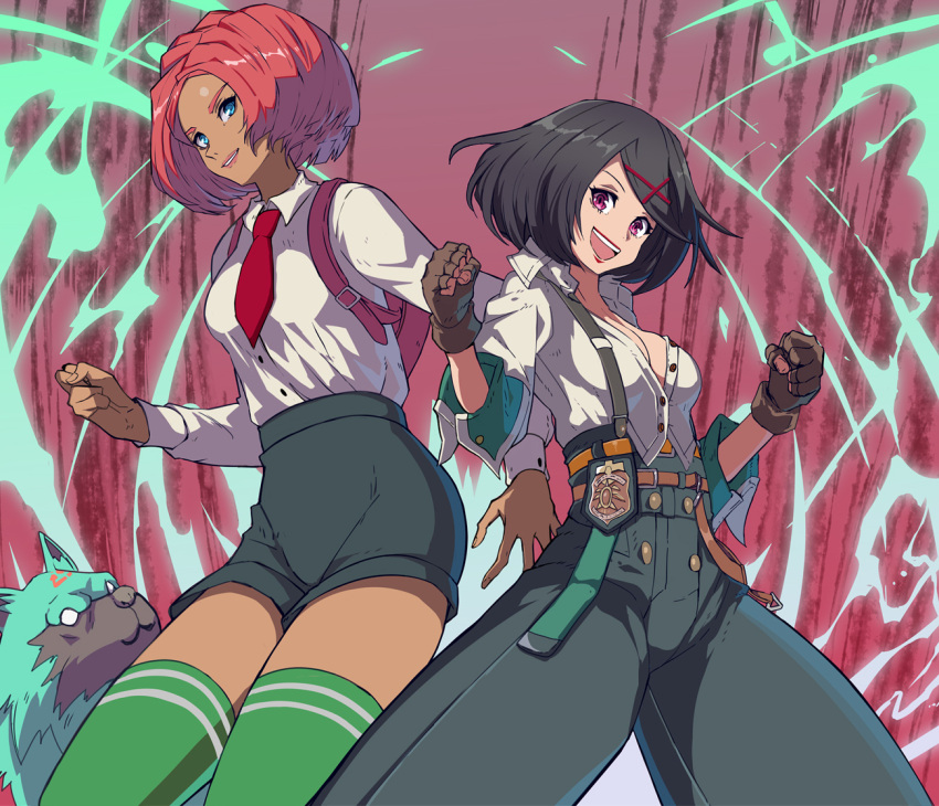 2girls badge black_hair black_pants black_shorts blue_eyes breasts brown_gloves cleavage crossover fingerless_gloves giovanna_(guilty_gear) gloves green_thighhighs guilty_gear guilty_gear_strive kunio-kun_series misako_(kunio-kun) multiple_girls necktie open_mouth pants pink_eyes red_hair red_necktie rei_(guilty_gear) river_city_girls shirt short_hair shorts syope tan thick_thighs thighhighs thighs white_shirt