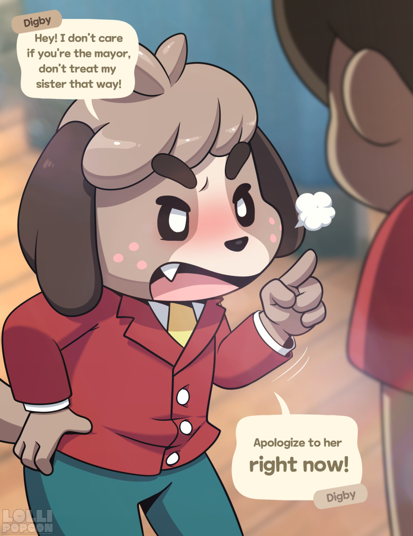 absurd_res angry animal_crossing anthro brown_body brown_hair canid canine canis clothed clothing digby_(animal_crossing) digital_media_(artwork) domestic_dog duo english_text hair hi_res human lollipopcon male mammal nintendo shih_tzu text toy_dog villager_(animal_crossing)