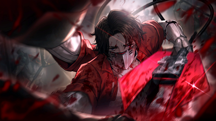 1boy 2others blood blood_in_hair blood_on_clothes blood_on_face blood_on_mask blood_on_weapon brown_hair coat collared_coat collared_jacket cyborg dark-skinned_male dark_skin extra_arms faust_(project_moon) female game_cg glaive_(polearm) heathcliff_(project_moon) highres holding incoming_attack jacket limbus_company mask mechanical_arms mechanical_parts messy_hair mouth_mask multicrack_office_(identity)_(project_moon) multiple_others official_art polearm pov project_moon prosthesis prosthetic_arm purple_eyes red_jacket short_hair solo_focus sparkle third-party_source weapon white_coat wire