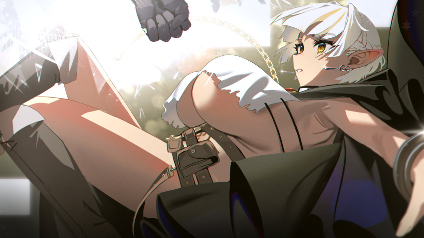 absurdres belt bikini black_cape blunt_bangs blurry blurry_background boots bracelet breasts brown_belt cape chains cleavage clenched_hand commentary crossed_legs earrings elf eyepatch_bikini falling female highres huge_breasts jewelry jiki_(gkdlfnzo1245) original out_of_frame parted_lips pointy_ears pouch short_hair sideboob solo_focus strap swimsuit symbol-only_commentary underboob white_hair yellow_eyes