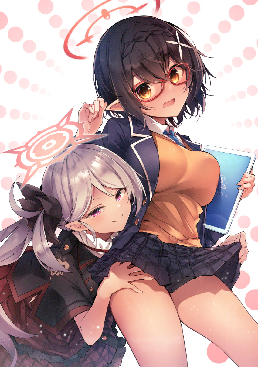 2girls absurdres animal_ears ayane_(blue_archive) black_hair black_jacket black_ribbon black_skirt blazer blue_archive blue_necktie blush breasts closed_mouth clothes_lift flower glasses grey_hair hair_flower hair_ornament hair_ribbon halo hand_on_another's_thigh highres holding holding_notebook jacket large_breasts lifting_another's_clothes long_hair long_sleeves looking_at_viewer midori_(misuriru8) multiple_girls mutsuki_(blue_archive) necktie notebook open_clothes open_jacket plaid_clothes plaid_skirt pointy_ears polka_dot polka_dot_background purple_eyes red-framed_eyewear red_halo ribbon school_uniform short_hair short_sleeves side_ponytail skirt skirt_lift smile standing thighs white_background yellow_eyes