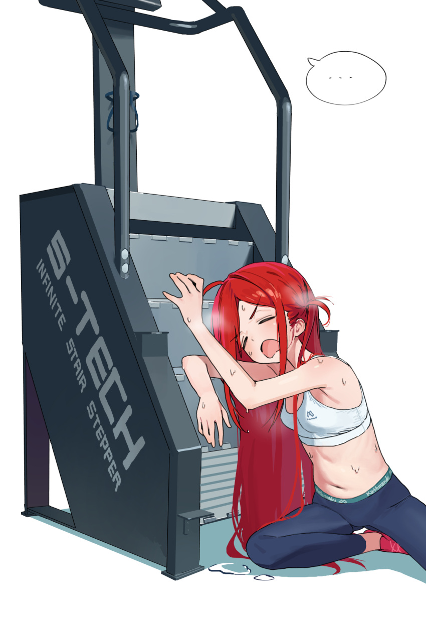 ahoge armpits blush bra breasts closed_eyes commentary_request dripping exhausted female frown full_body gym heavy_breathing highres hipa_(some1else45) long_hair machine midriff navel on_one_knee open_mouth original red_footwear red_hair shoes small_breasts sneakers some1else45 sports_bra sportswear stairs sweat underwear very_long_hair white_bra