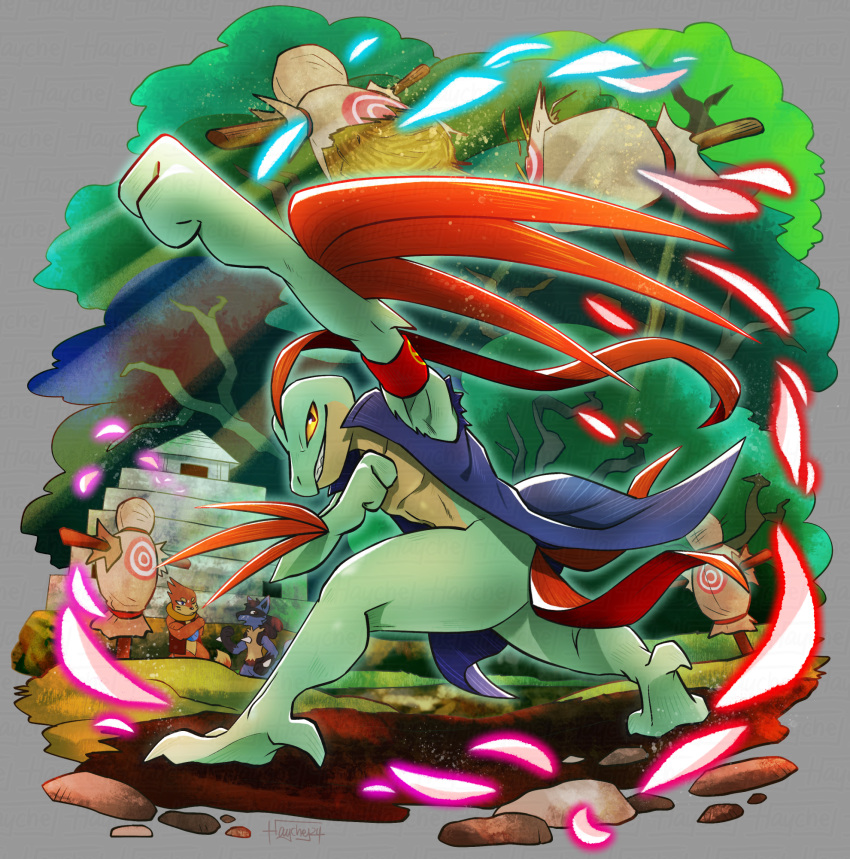 ambiguous_gender anthro armband blue_body blue_fur bottomless clothed clothing dummy floatzel fur generation_3_pokemon generation_4_pokemon green_body group grovyle haychel hi_res leaf leaf_hair leaf_tail lucario multicolored_body nintendo orange_body orange_fur plant plant_hair pokemon pokemon_(species) pokemon_mystery_dungeon pseudo_hair semi-anthro shiny_pokemon solo_focus spike_chunsoft tail torn_clothing tree trio two_tone_body yellow_body