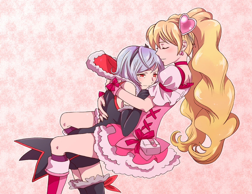 2girls bare_shoulders between_legs blonde_hair blue_hair blush boots bow chmm2 choker closed_eyes commentary_request couple cure_peach eas_(fresh_precure!) elbow_gloves fresh_precure! gloves hair_ornament heart heart_hair_ornament higashi_setsuna hug light_smile long_hair magical_girl momozono_love multiple_girls pink_bow pink_choker pink_footwear pink_wrist_cuffs precure red_eyes sleeveless smile tears twintails wrist_cuffs yuri