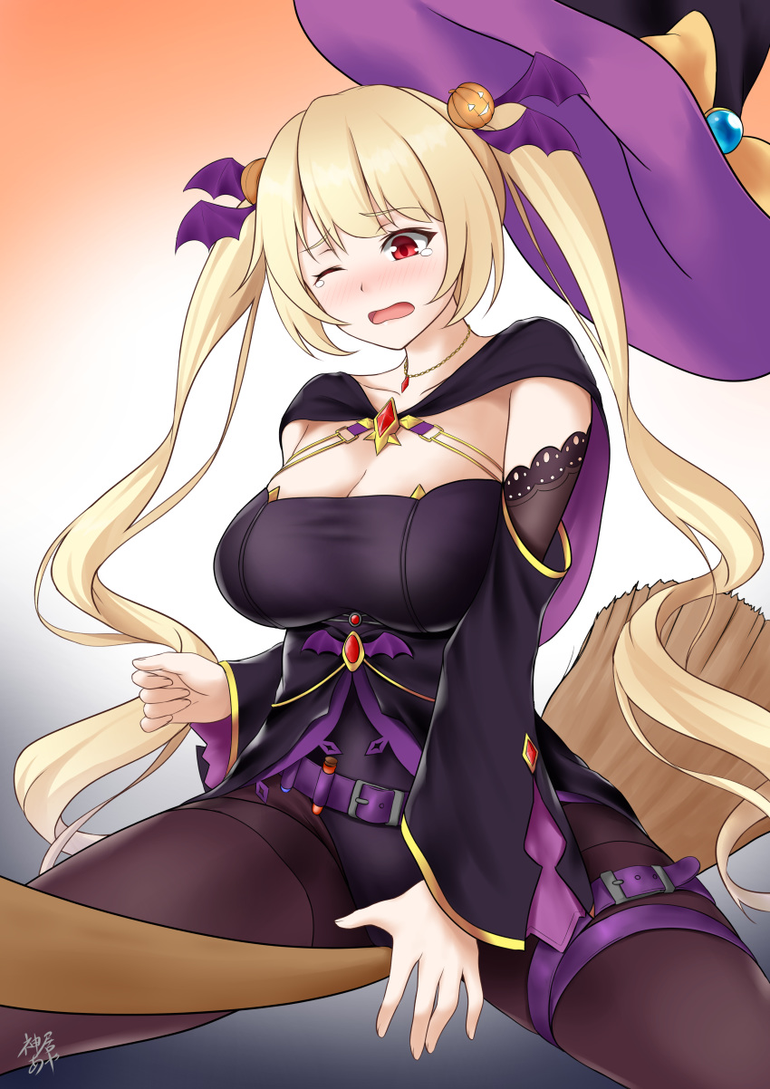 absurdres azur_lane bat_hair_ornament black_background black_leotard black_pantyhose blonde_hair bow breasts brooch broom broom_riding cape cleavage collar commentary_request detached_sleeves female food-themed_hair_ornament gem hair_ornament halloween hat hat_bow highres jewelry kamui_aya large_breasts leotard long_hair long_sleeves multicolored_background necklace nelson_(azur_lane) nelson_(luna_witch)_(azur_lane) official_alternate_costume one_eye_closed orange_background pantyhose pumpkin_hair_ornament red_eyes red_gemstone solo strapless strapless_leotard tears twintails very_long_hair white_background witch witch_hat wristband