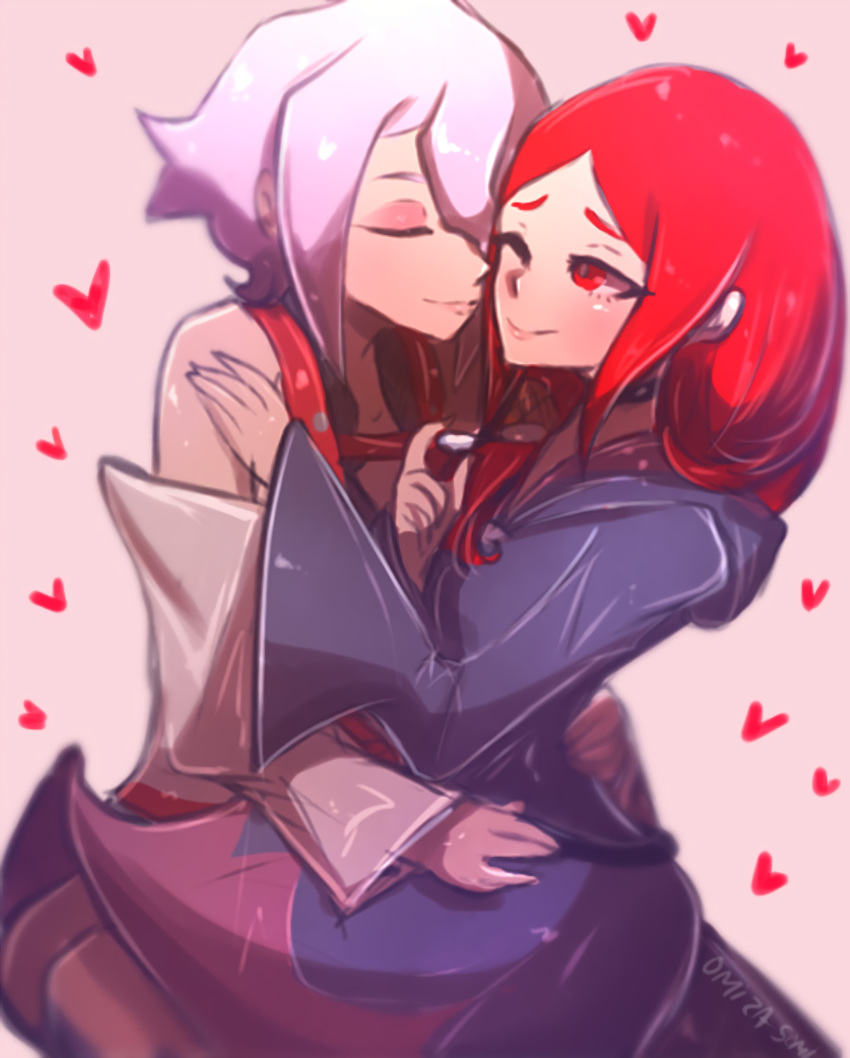 2girls blush chariot_du_nord couple croix_meridies heart hug incipient_kiss little_witch_academia multiple_girls omiza_somi pink_background purple_hair red_hair robe shiny_chariot simple_background ursula_charistes yuri