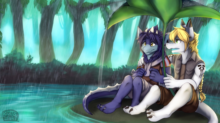 2017 3_toes anthro blonde_hair braided_hair clothed clothing detailed_background dragon duo forest hair horn kinniro long_hair male nature purple_hair raining shirt shorts sitting tattoo toes tree water