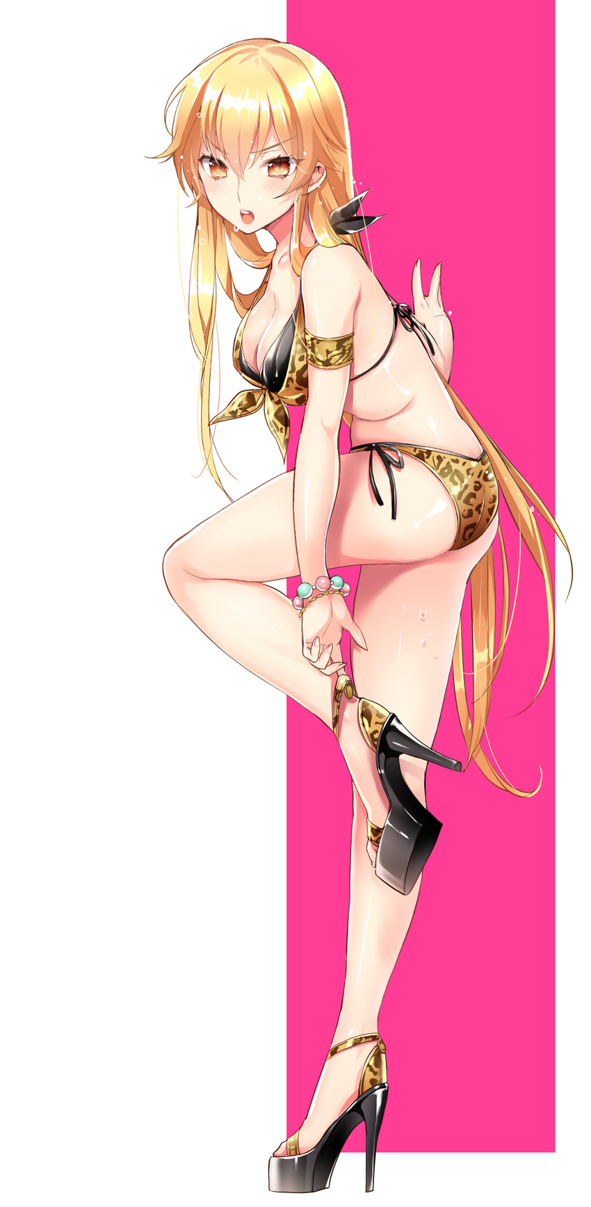 absurdres adjusting_clothes adjusting_shoe adjusting_strap animal_print arm_support ass bikini blonde_hair blush bracelet breasts commentary_request fate/stay_night fate_(series) female flat_ass full_body genderswap_(mtf) gilgamesh_(fate) high_heels highres jewelry leopard_print long_hair looking_at_viewer medium_breasts momoayamo open_mouth orange_eyes print_bikini rule_63 sandals shoes side-tie_bikini_bottom simple_background slit_pupils solo standing standing_on_one_leg swimsuit very_long_hair wet