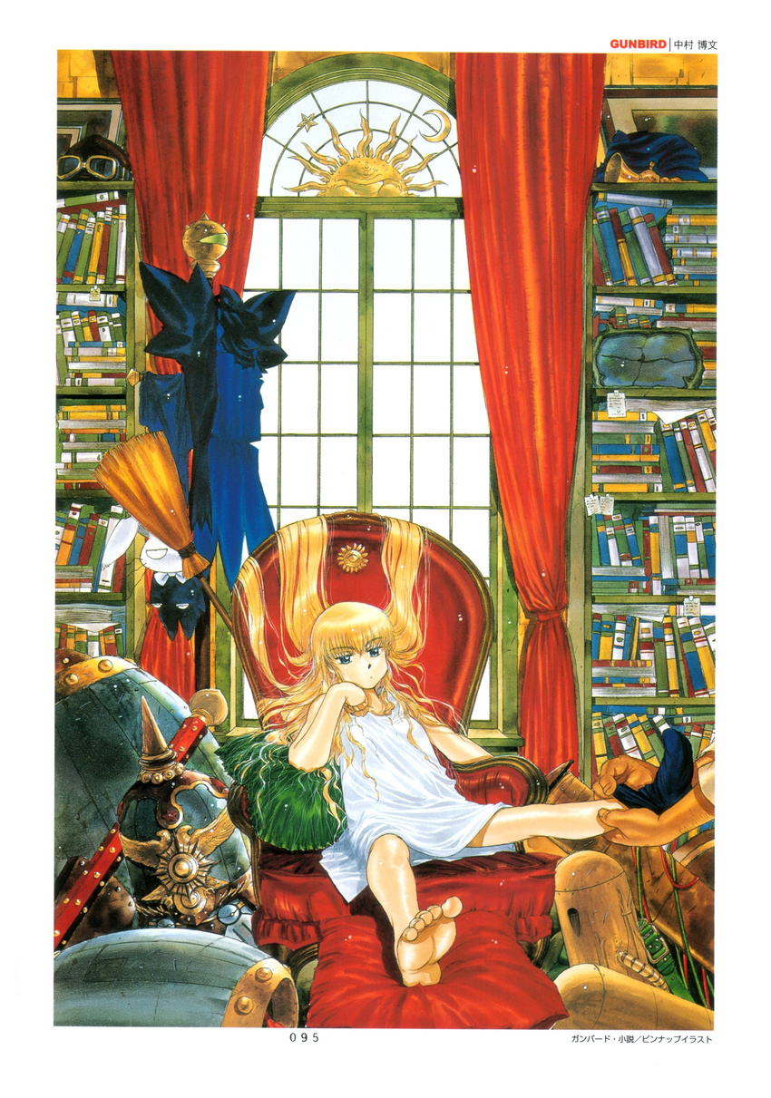 armchair ash_(gunbird) aviator_cap barefoot blonde_hair blue_eyes book bookshelf broom bunny cape chair curtains dress dressing feet female flight_cap flight_goggles goggles gunbird hand_on_own_cheek hand_on_own_face highres jacket marion messy_hair nakamura_hirofumi nightgown official_art pillow pom_poms pomupomu psikyo red_upholstery shelf single_sock sock_pull socks soles solo staff tetsu_(gunbird) traditional_art tuxedo valnus window witch yuan_nang