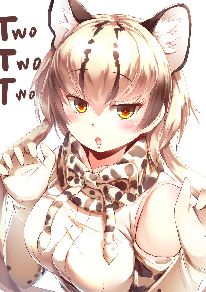 absurdres animal_ears bare_shoulders blonde_hair blush brown_hair claw_pose commentary_request elbow_gloves extra_ears female gloves hair_between_eyes highres kanzakietc kemono_friends looking_at_viewer multicolored_hair ocelot_(kemono_friends) ocelot_print oerba_yun_fang open_mouth orange_eyes print_gloves shirt short_hair_with_long_locks sleeveless sleeveless_shirt solo upper_body white_shirt