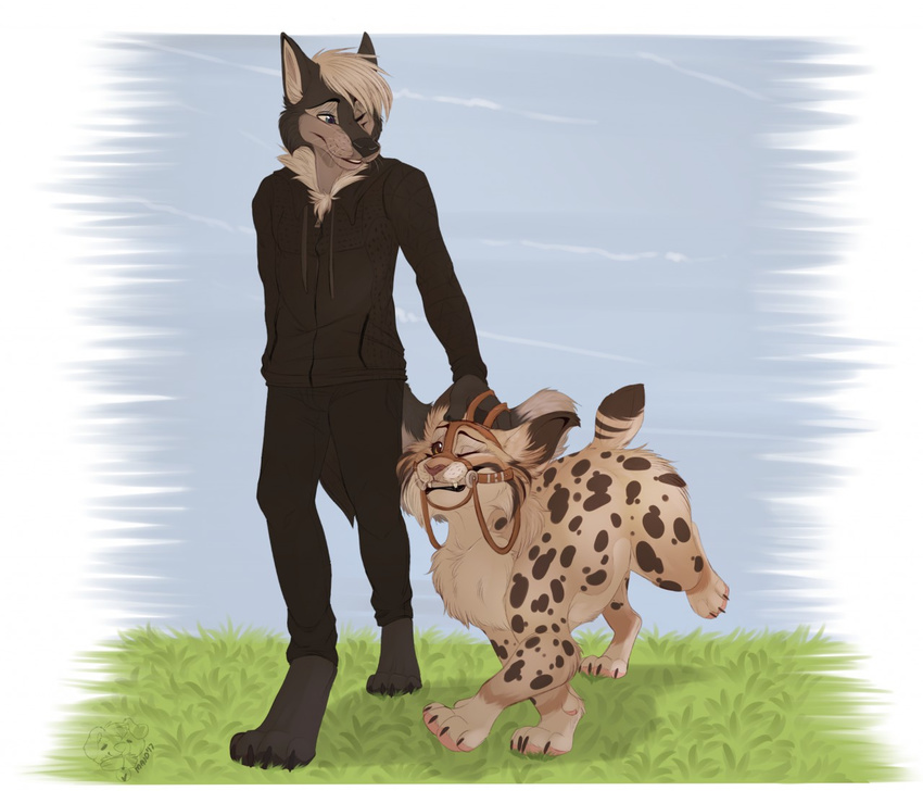 ambiguous_gender anthro bridle canid canine canis clothed clothing duo felid feline feral lynx maid. male mammal nightdancer_(character) reins smile standing wolf zaire_(nightdancer)