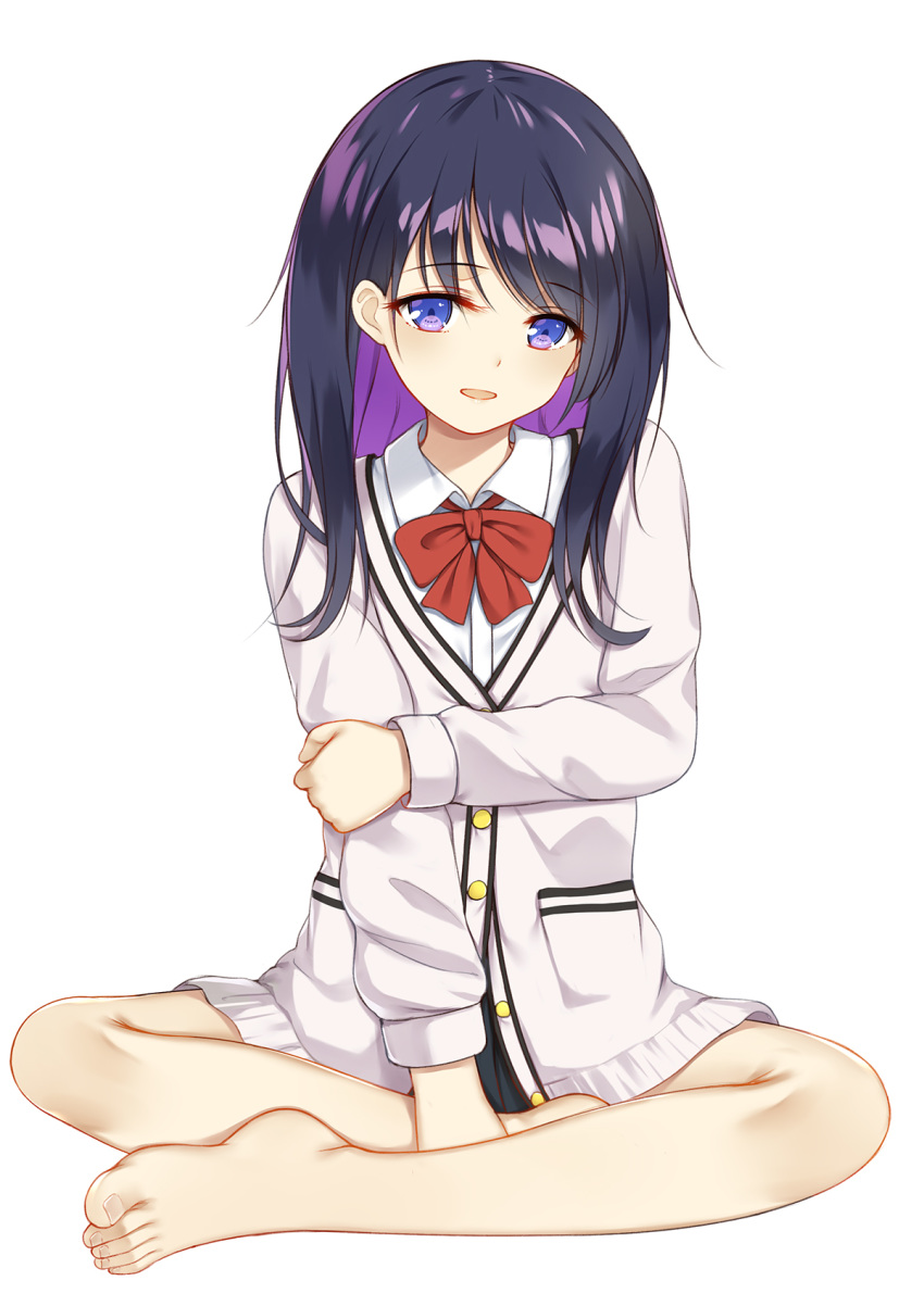 arm_grab bad_id bad_pixiv_id barefoot black_hair black_skirt blush bow bowtie cardigan commentary feet female flan_(seeyouflan) full_body grabbing_own_arm gridman_universe head_tilt highres indian_style jacket ke-ta_(style) legs long_hair looking_at_viewer microskirt open_mouth photoshop_(medium) pleated_skirt pocket purple_eyes red_bow red_bowtie shirt simple_background sitting skirt smile solo ssss.gridman symbol-only_commentary takarada_rikka toes white_background white_jacket white_shirt