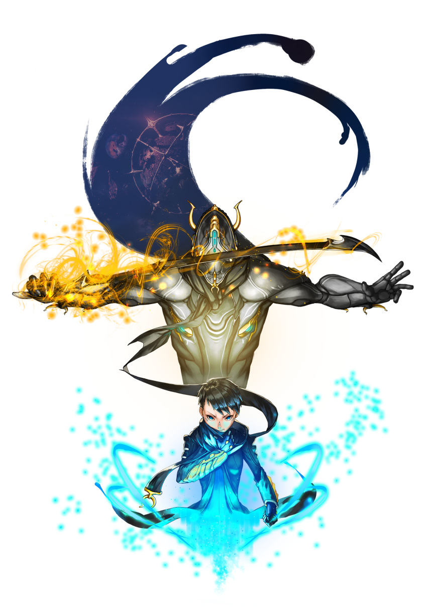 2boys armor behind_another black_bodysuit black_hair blue_eyes bodysuit commentary_request exalted_weapon_(warframe) excalibur_(warframe) excalibur_umbra_(warframe) glowing highres holding holding_sword holding_weapon looking_at_viewer melee_weapon_(warframe) moon multiple_boys operator_(warframe) rapo_01 scarf serious short_hair sword transparent_background warframe weapon