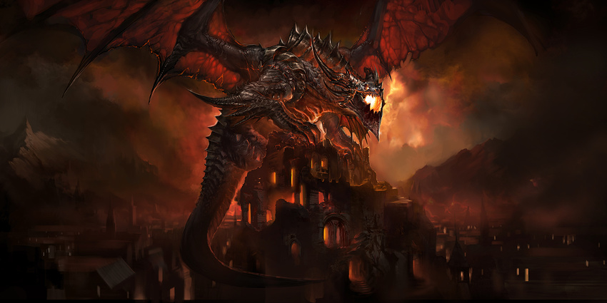 backward_facing_horns building city deathwing dragon highres no_humans official_art open_mouth scenery spikes tail warcraft western_dragon wings world_of_warcraft