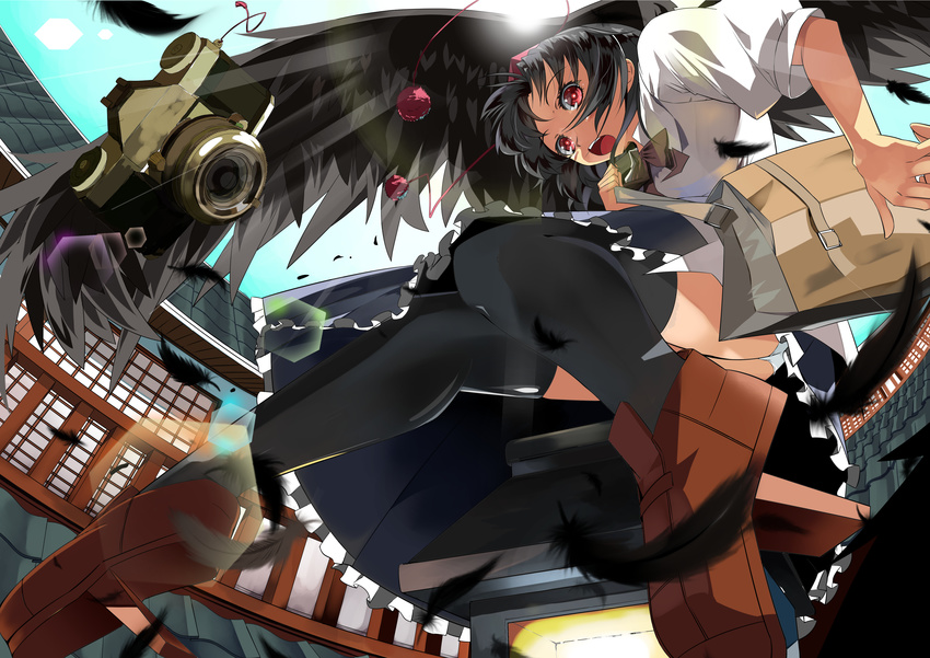 absurdres black_feathers black_hair black_wings building camera commentary_request feathers female fujinon_(fish_bone) geta hat highres looking_at_viewer open_mouth red_eyes shameimaru_aya short_hair skirt sky solo sun tokin_hat touhou wings