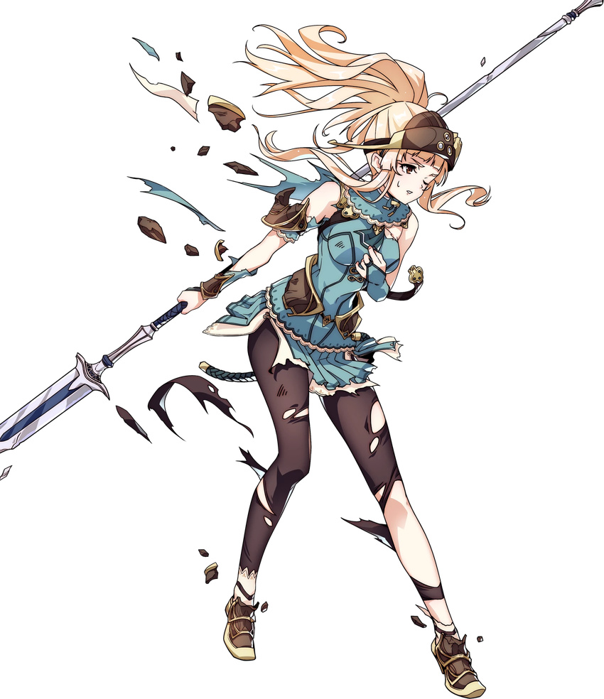 arm_guards armor bare_shoulders blonde_hair bridal_gauntlets broken broken_armor broken_weapon brown_eyes clair_(fire_emblem) commentary_request dress female fire_emblem fire_emblem_echoes:_shadows_of_valentia fire_emblem_gaiden fire_emblem_heroes full_body hand_on_own_chest helmet highres holding holding_weapon leggings long_hair official_art one_eye_closed polearm ponytail shoes short_dress shoulder_armor smile solo spear takagi_masafumi torn_clothes transparent_background weapon