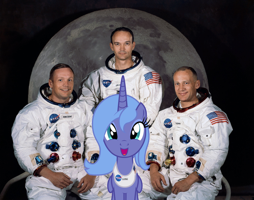 2017 alicorn badumsquish buzz_aldrin clothing equid equine female first_contact friendship_is_magic group happy hasbro hi_res horn human mammal michael_collins moon my_little_pony mythological_creature mythological_equine mythology nasa neil_armstrong open_mouth photo ponies_in_real_life pose princess_luna_(mlp) sitting smile team_pose text text_on_clothing wings