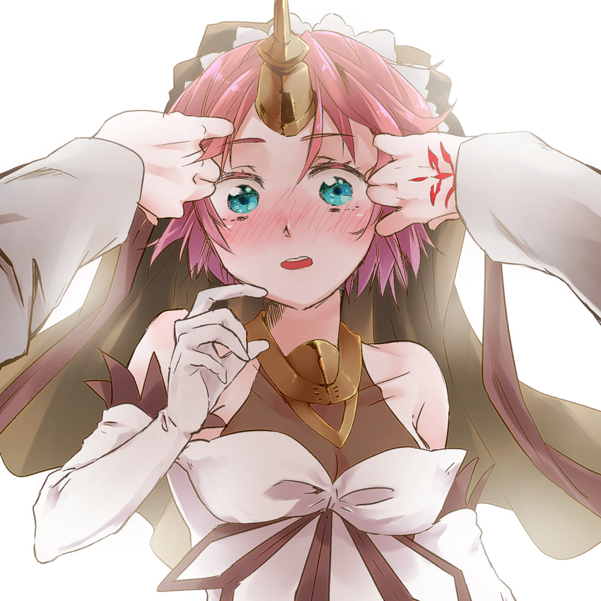 bare_shoulders berserker_of_black blue_eyes blush breasts dress elbow_gloves fate/apocrypha fate_(series) female gloves horns open_mouth pink_hair short_hair veil white_dress