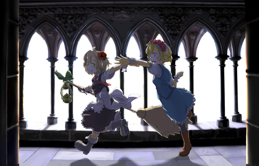 2girls aged_down alice_margatroid alternate_eye_color alternate_hair_length alternate_hairstyle alternate_headwear apron arcade_(architecture) bad_id bad_pixiv_id blonde_hair blue_eyes boots braid broom flower grin hair_flower hair_ornament holding_another's_wrist kirisame_marisa kitsuneno_denpachi lantern multiple_girls open_mouth pulling running shirt short_hair short_sleeves single_braid skirt skirt_set smile touhou vest waist_apron wrist_cuffs yellow_eyes