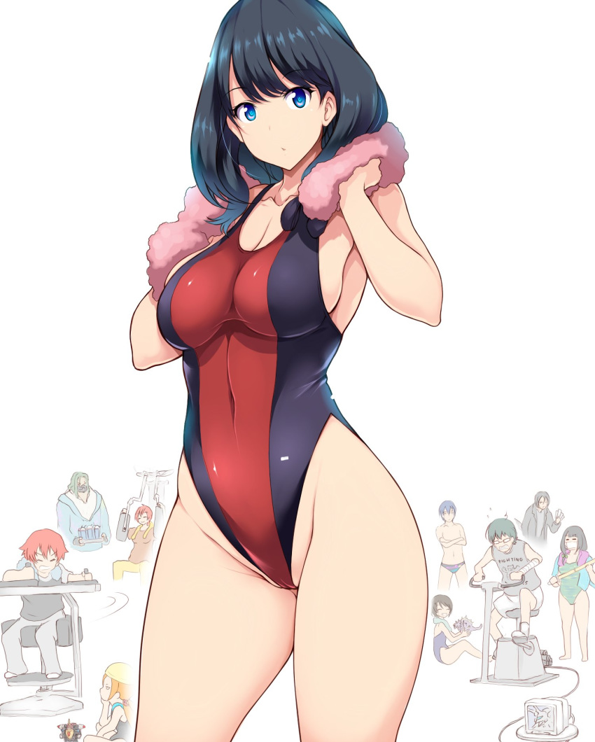 4girls 6+boys black_hair blue_eyes borr character_name commentary_request competition_swimsuit cowboy_shot gridman_universe hassu hibiki_yuuta highleg highleg_swimsuit highres long_hair looking_at_viewer max_(ssss.gridman) multiple_boys multiple_girls namiko one-piece_swimsuit samurai_calibur simple_background solo_focus ssss.gridman standing swimsuit takarada_orie takarada_rikka towel tsukasawa_takamatsu two-tone_swimsuit utsumi_shou vit white_background