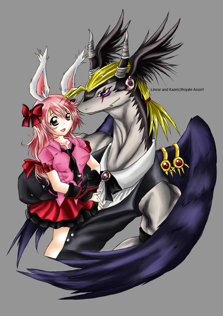 2011 animal_humanoid anthro big_breasts black_body black_feathers blonde_hair blue_eyes bottomwear breasts brown_eyes clothed clothing dragon duo english_text feathered_wings feathers female fur furred_dragon furred_scalie grey_background hair hi_res horn humanoid lagomorph legendz linvar male mammal mythological_creature mythological_scalie mythology open_mouth pink_hair ranshiin scalie scar shirt simple_background size_difference skirt smile text tigerlilylucky topwear white_body white_fur wings