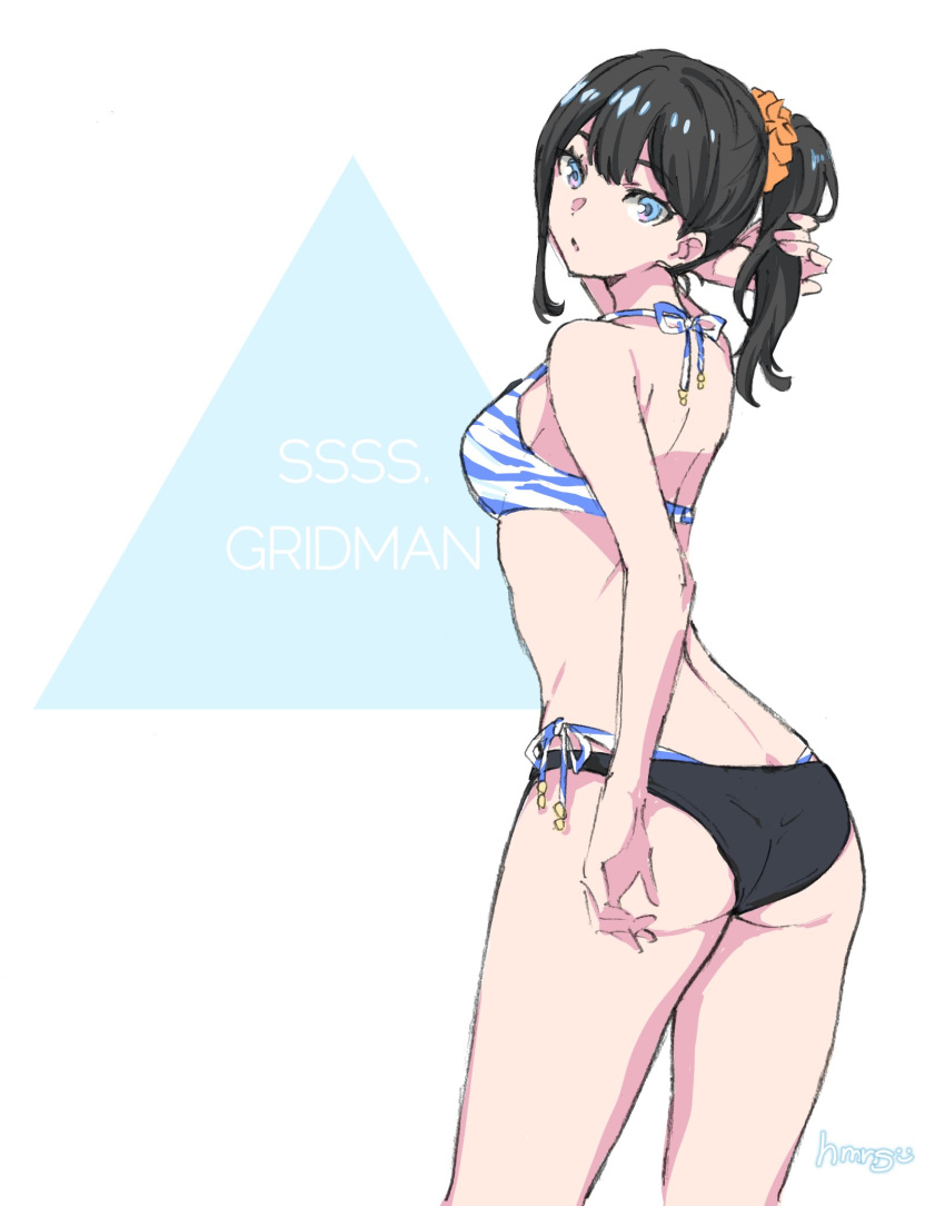 animal_print ass bikini black_bikini black_hair blue_eyes commentary_request copyright_name cowboy_shot female gridman_universe hair_ornament hair_scrunchie highres hmng layered_bikini long_hair looking_at_viewer looking_back orange_scrunchie ponytail scrunchie side-tie_bikini_bottom simple_background solo ssss.gridman swimsuit takarada_rikka tiger_print triangle white_background