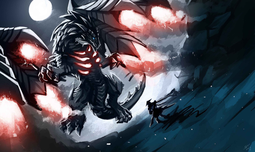 2017 absurd_res capcom claws digital_media_(artwork) dragon duo elder_dragon feral hi_res membrane_(anatomy) membranous_wings monster_hunter moon mythological_creature mythological_scalie mythology night outside scalie shadownight456 standing tail unknown_species valstrax wings