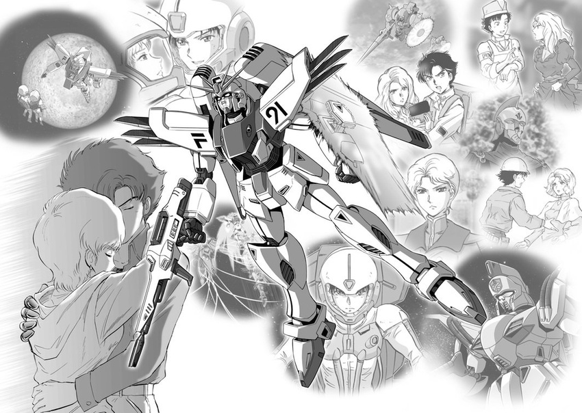 2boys beam_rifle beam_shield carozzo_ronah cecily_fairchild commentary_request couple damaged den'an_zon dress energy_gun f91_gundam father_and_daughter female greyscale gundam gundam_f91 hug long_hair mask mecha monochrome moon multiple_boys pilot_chair rafflesia_(gundam) robot seabook_arno short_hair space spacesuit straight tokita_kouichi tsujitani_kouji uniform vigna_ghina weapon