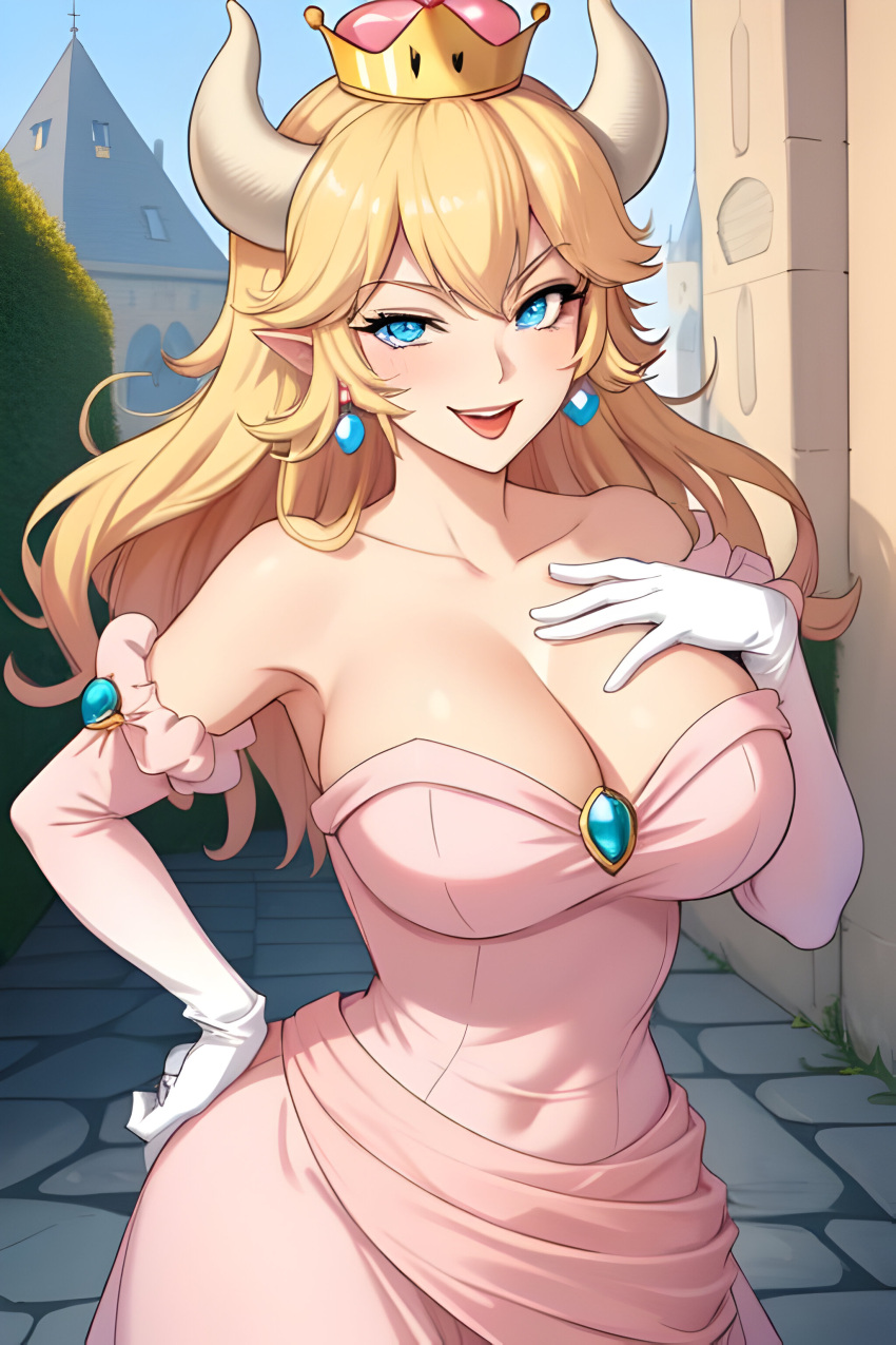 1girls ai_generated blonde_hair blue_eyes bowsette castle cleavage earrings female genderbent hand_on_breast hand_on_hip horns jewelry mario_(series) new_super_mario_bros._u_deluxe open_mouth outdoors pink_dress princess_peach_(cosplay) sassy seductive_eyes seductive_smile super_crown super_mario_bros.