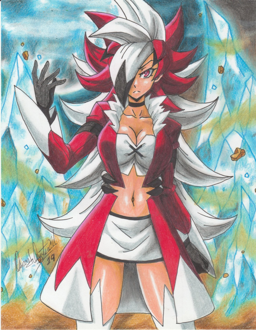 1girls 2019 bare_midriff cleavage gijinka humanized lycanroc midnight_lycanroc navel nintendo pencil_(artwork) pokemon pokemon_sm ravern_clouk red_eyes solo solo_female tagme