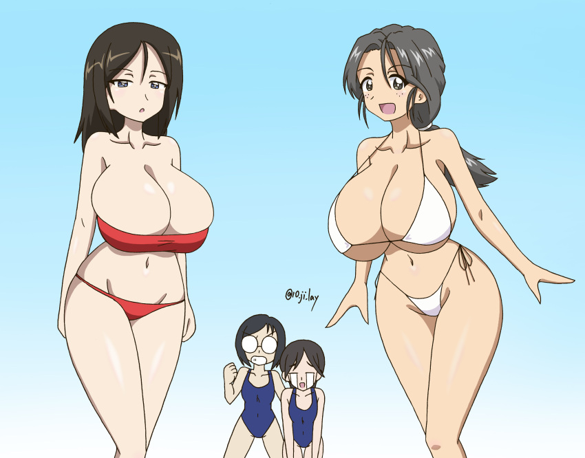 10_ji_lay 4girls absurdres bikini black_hair blue_one-piece_swimsuit breast_envy breasts brown_hair clenched_hand crying girls_und_panzer glasses grey_hair highres huge_breasts iruma_anna katsuya_megu long_hair multiple_girls nonna_(girls_und_panzer) one-piece_swimsuit piyotan_(girls_und_panzer) ponytail red_bikini school_swimsuit short_hair strapless strapless_bikini swimsuit tears uesaka_sumire voice_actor_connection white_bikini