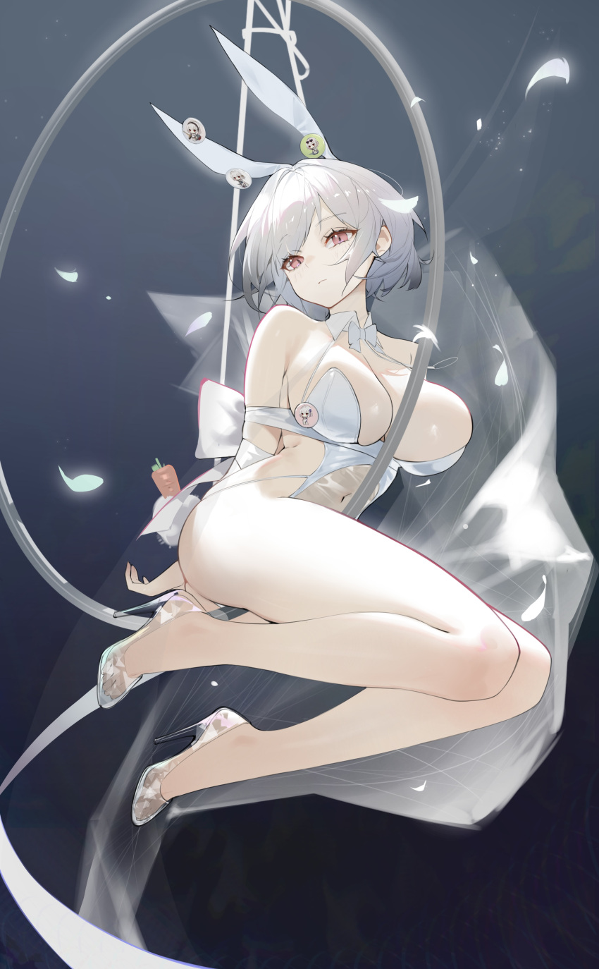 absurdres aerial_hoop animal_ears annlee arms_behind_back azur_lane badge bound bow bowtie breasts button_badge carrot character_print chibi cleavage closed_mouth commentary covered_navel fake_animal_ears fake_tail female full_body gradient_hair grey_hair high_heels highres large_breasts legs leotard looking_at_viewer multicolored_hair no_socks pink_eyes playboy_bunny rabbit_ears rabbit_tail ribbon see-through see-through_footwear see-through_leotard self_character_print short_hair sirius_(azur_lane) solo tail thighs tied_up_(nonsexual) white_bow white_bowtie white_hair white_leotard white_ribbon