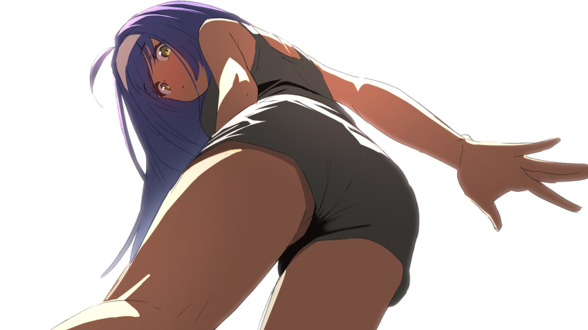 ahoge ahonoko ass black_shorts black_tank_top closed_mouth female fire_emblem fire_emblem:_path_of_radiance from_below green_eyes hairband highres long_hair looking_at_viewer mia_(fire_emblem) purple_hair shirt shorts sleeveless sleeveless_shirt solo tank_top white_background white_hairband