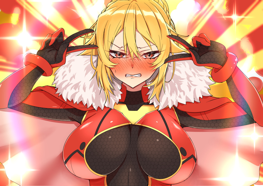 absurdres angelica_rafa_redgrave blonde_hair breasts commission emotional_engine_-_full_drive fate/grand_order fate_(series) highres huge_breasts otome_gee_sekai_wa_mob_ni_kibishii_sekai_desu pilot_suit red_eyes sei_shounagon_(fate) shy skeb_commission upper_body voice_actor_connection yamada_otonari