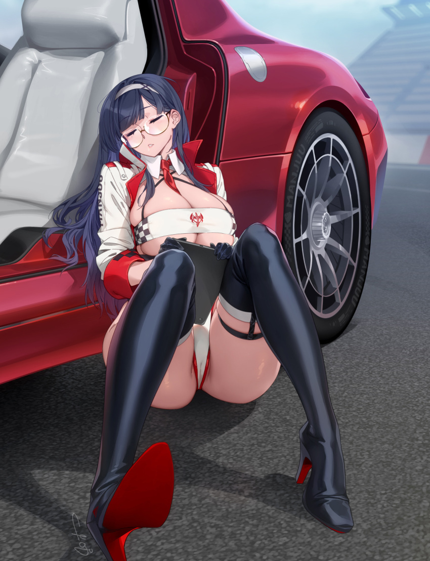 azur_lane black_gloves black_hair black_thighhighs breasts car closed_eyes dupleix_(azur_lane) dupleix_(final_check)_(azur_lane) feguimel female glasses gloves hairband highres huge_breasts leotard long_hair mole mole_under_eye motor_vehicle official_alternate_costume on_ground purple_eyes race_queen semi-rimless_eyewear sitting thighhighs white_leotard