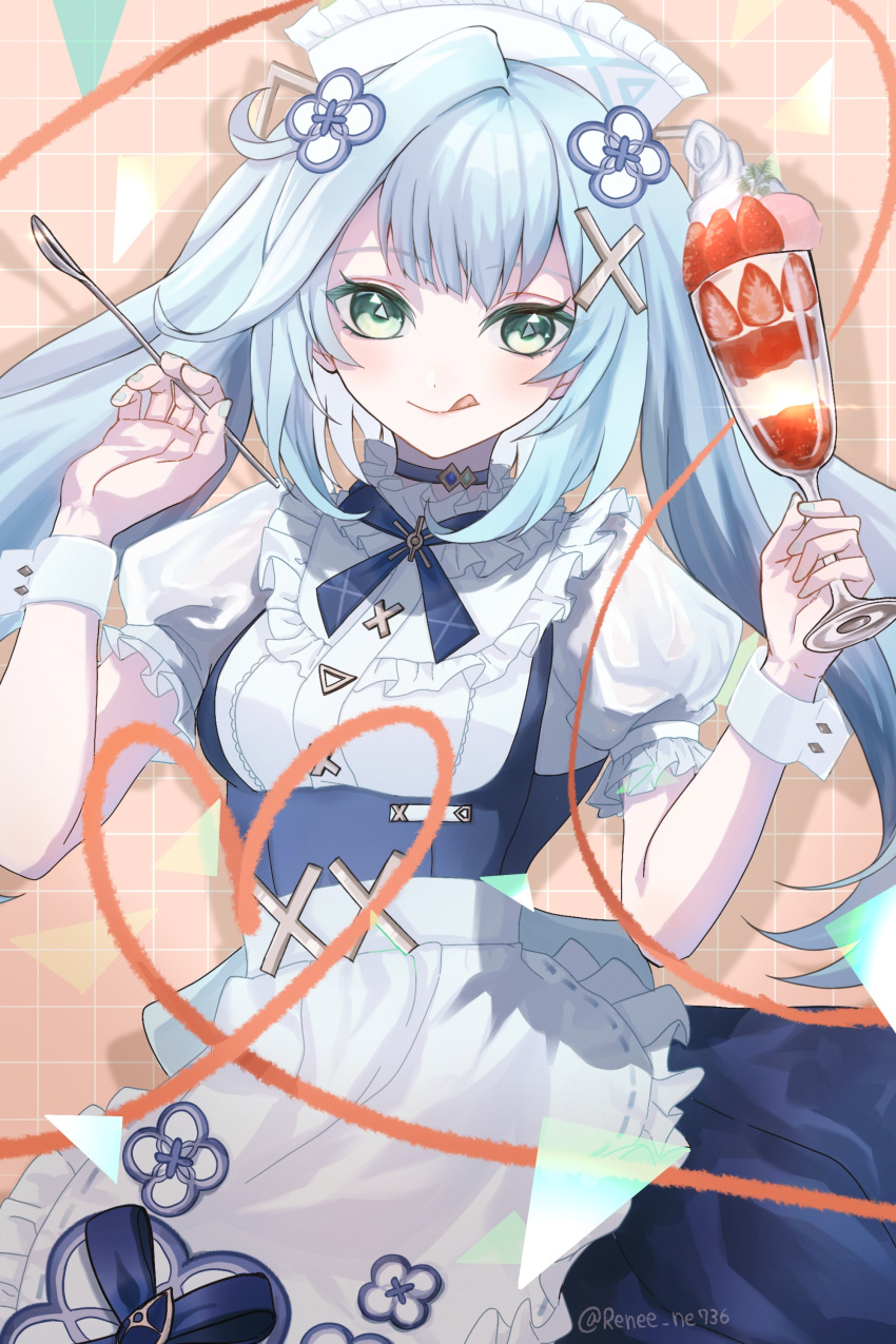 :q absurdres apron aqua_hair aqua_nails blue_dress breasts commentary cup dress faruzan_(cafe)_(genshin_impact) faruzan_(genshin_impact) female fingernails food fruit genshin_impact green_eyes hair_ornament heart highres holding holding_cup holding_spoon light_blush long_hair looking_at_viewer maid_headdress medium_breasts nail_polish official_alternate_costume parfait renee_(renee_illust) smile solo spoon strawberry symbol-shaped_pupils tongue tongue_out triangle-shaped_pupils twintails twitter_username upper_body very_long_hair waist_apron whipped_cream white_apron white_sleeves x_hair_ornament